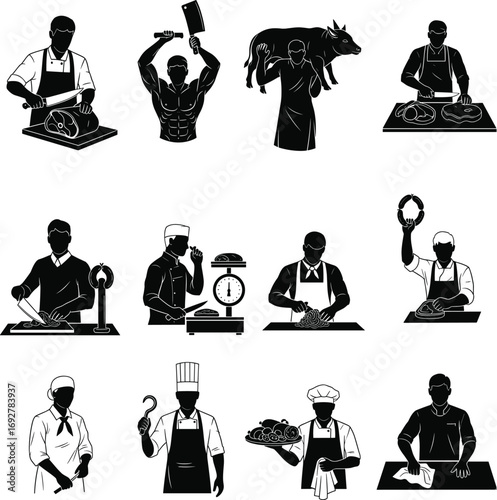 Butcher silhouettes, meat cutting, professional chefs, meat processing, kitchen staff, food preparation, sausage making, raw meat, culinary workers, butcher shop
