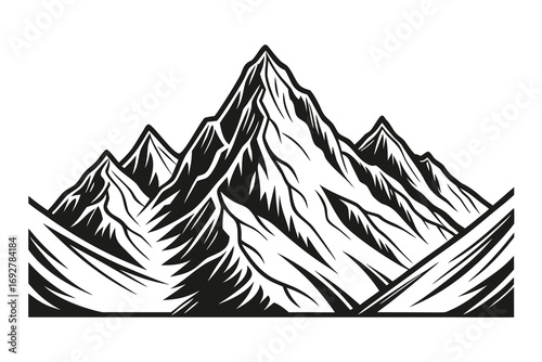 Black and white stipple drawing of jagged mountain peaks range sharp