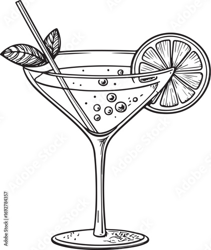 Cocktail in Glass, Bar and Bartending, Vector Illustration, Sketch Drawing Line Linear Symbol Icon Engraving Doodle Coloring Book, Hand-drawn Black and White Isolated