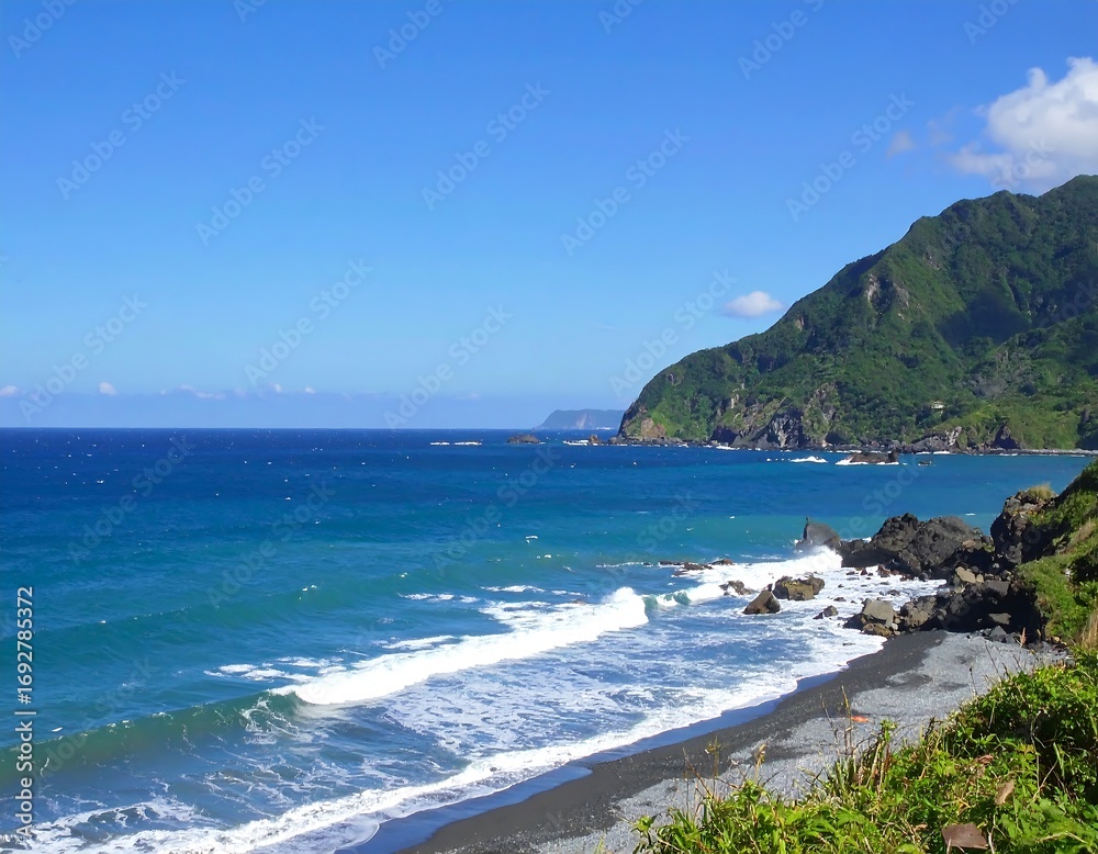 Fototapeta premium Coastal landscape, bright blue ocean
