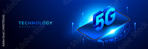 5G technology background vector with smartphone and futuristic digital elements in blue light. communication, innovation, high speed internet, network, modern technology concept.