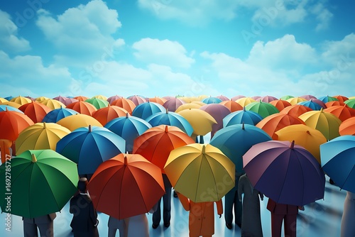 A vibrant gathering of people holding colorful umbrellas against a bright blue sky