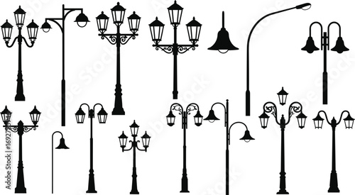 Vintage and modern street lamp silhouettes, outdoor lighting, classic lampposts, urban decoration, black and white vector icons, street illumination