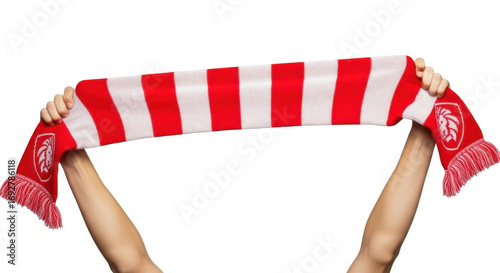 Raised arms holding a red and white striped scarf isolated on transparent background