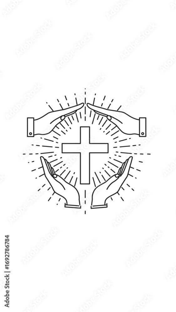 Obraz premium Hands Protecting Cross Line Art Black and White Minimalist Religious 