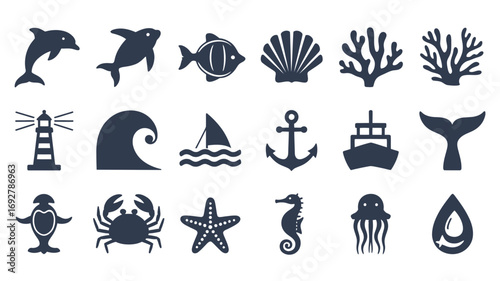 Marine life icons: Dolphins, fish, shells, coral, whale tail, lighthouse, waves, sailboat, anchor