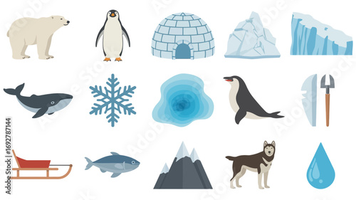 Arctic animals, landscape elements, and winter icons for educational content or designs
