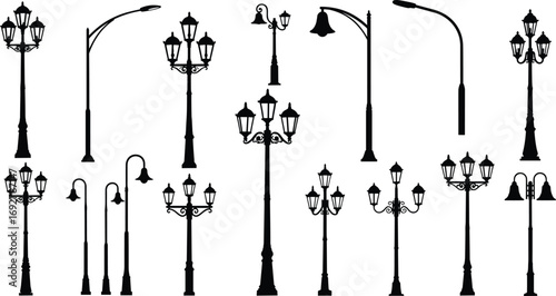 Vintage and modern street lamps silhouettes, black and white vector icons, outdoor lighting poles, decorative lanterns, urban light fixtures collection.