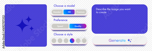 Generate AI image vector user interface with tools, button, window for promt text trendy style. Artificial intelligence buttons trendy neumorphic for ui ux element, app, website 10 eps