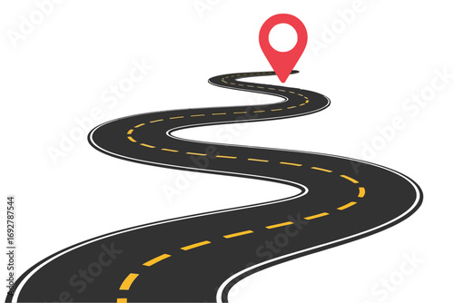 Winding Road with GPS Location Marker Pin – Vector Illustration of Curved Highway Navigation, Travel Direction Concept, Route Map Path, Outdoor Journey, and Transportation Design