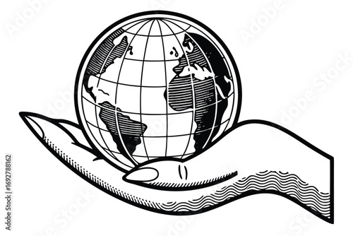 Black and white illustration of a hand holding a globe earth support