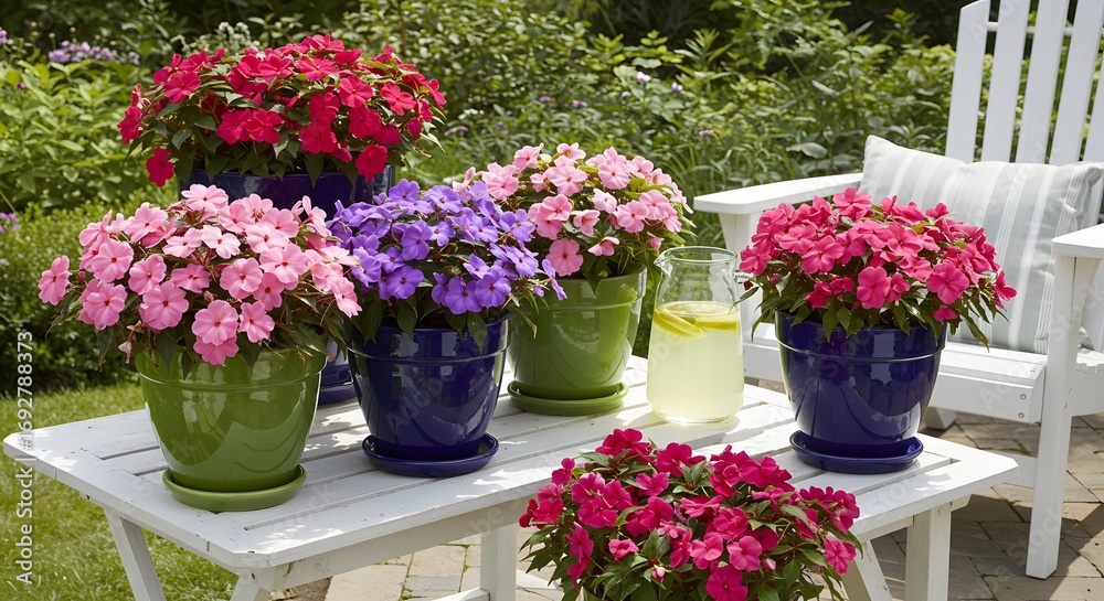 Fototapeta premium Colorful flower pots outdoor