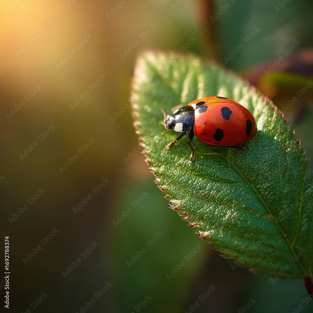Fototapeta premium Ladybug on a leaf bathed in sunlight