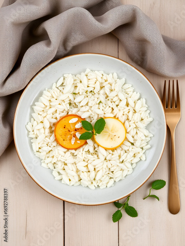 una mesa de madera con dos tazones o platos de arroz blanco organico y natural con palillos de madera para comer comida saludable vegetariana sobre una mesa de comedor