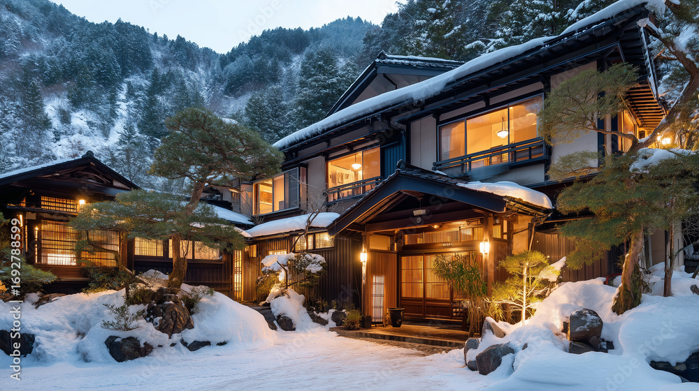 Fototapeta premium Kurokawa Onsen Yuakari Traditional Ryokan with Lanterns Glowing in Snowy Winter Night Japanese Hot Spring Village