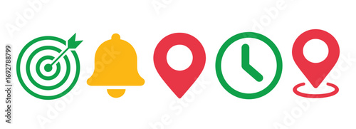 Colorful flat icon set for business and web, including target, notification bell, location pin, and clock symbols
