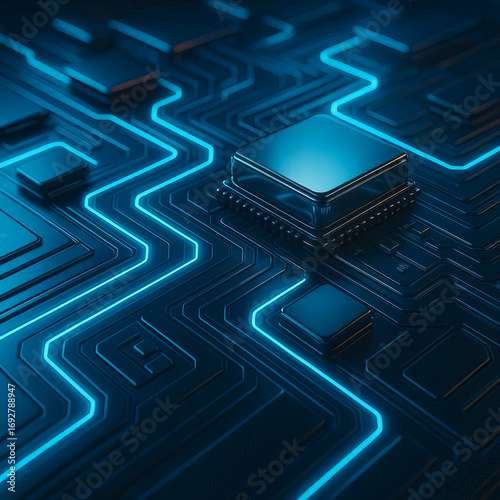  Futuristic glossy microchip technology background with glowing circuits and abstract premium 3D design for corporate branding and fintech advertising
