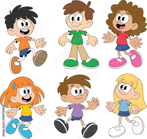 Happy kids standing together, diverse children smiling, cheerful boys and girls, colorful outfits, joyful childhood moments, friendship and fun time outdoors