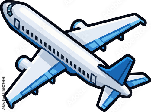 Cartoon illustration of a commercial jet airplane in flight.