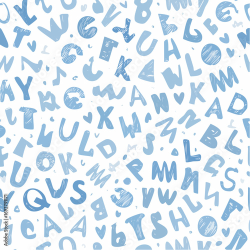 Funky seamless pattern with brush drawn playful alphabet letters. Blue and white handwritten vector latin calligraphy.