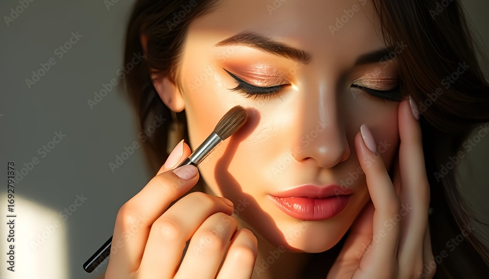 Fototapeta premium In soft light, a woman gently blends shimmering eyeshadow across her eyelids with a small brush. Her porcelain skin and rich dark hair add elegance to the glowing effect.
