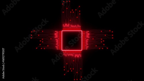 animation shows the process of turning on the CPU in the motherboard. 4K CPU chip set and electric circuit with data transfer moving on black background for technology cyber and futuristic concept