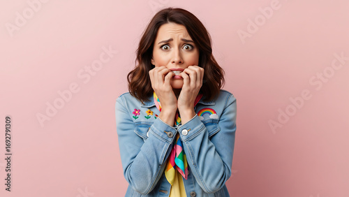 Half body portrait of a young woman in casual colorful clothes, anxious expression with wide eyes and nail biting, isolated on pastel background, ideal for mental health concept visuals.