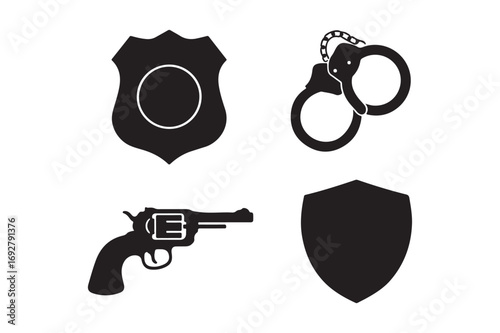 Police equipment icons including badge handcuffs gun and shield