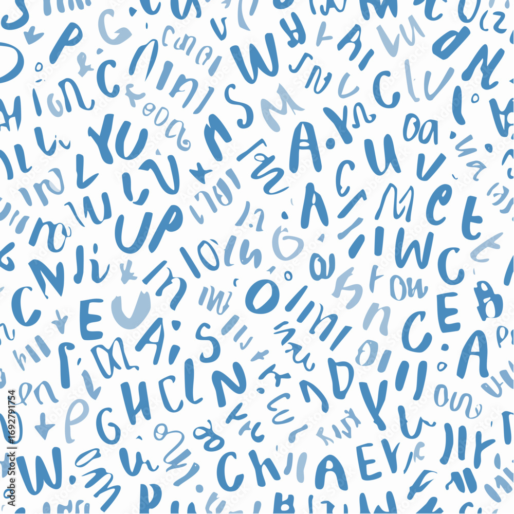 Fototapeta premium Funky seamless pattern with brush drawn playful alphabet letters. Blue and white handwritten vector latin calligraphy.