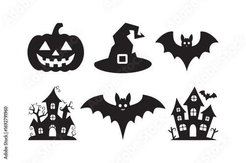 Halloween silhouettes of pumpkin witch hat bats and haunted houses