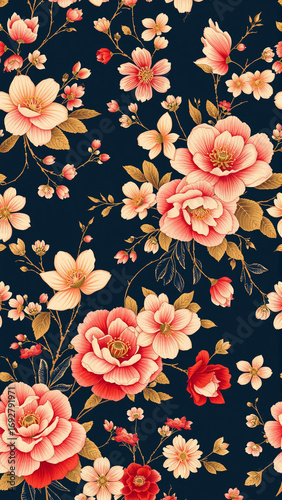 Vintage plant pattern in Japanese style. Image of roses on a dark background