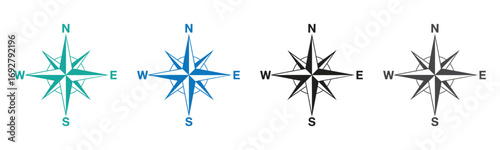 Compass Icon Design Vector Template,Four compass roses in teal, blue, black, and gray tones,North, South, West, East compass sign isolated, Geographical position, Map direction, navigation sign, 
