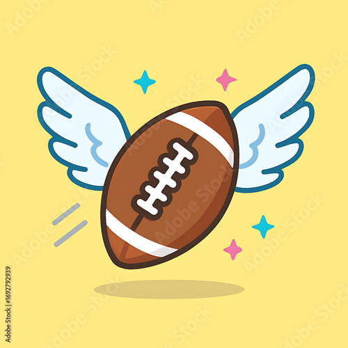 Flying cartoon American football with whimsical wings and sparkling stars on a vibrant yellow background, representing speed, fun, and sporty joy