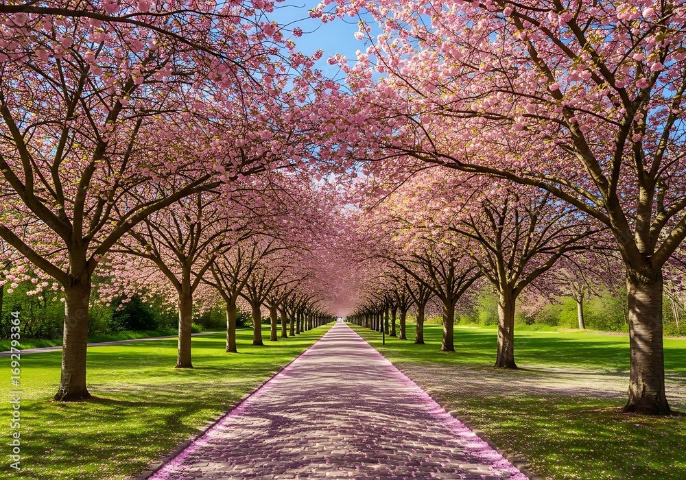 Fototapeta premium Scenic cherry blossom tree pathway spring season