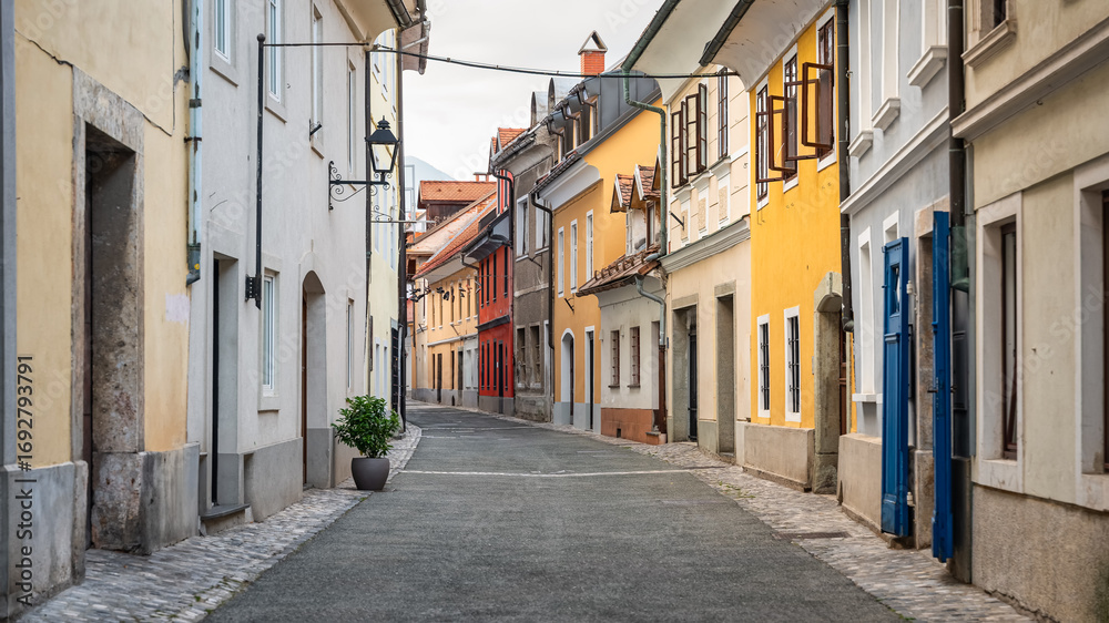 Fototapeta premium Picturesque streets of Kranj at sunset on a summer's day, Slovenia.