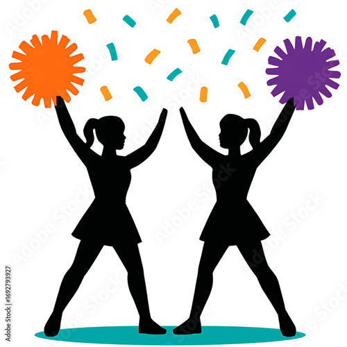 Energetic cheerleading squad silhouettes with colorful pom-poms and confetti, a symbol of teamwork and school spirit