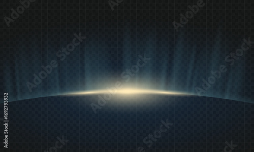 Template of rising sun on planet overlay. Glowing light rays over round big object. Star light flare over Earth or planet. Golden warm glowing light on transparent background. 