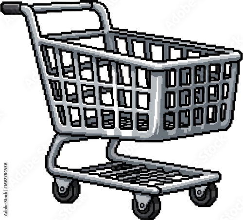 A pixelated illustration of a shopping cart, rendered in shades of gray, isolated on a white background.