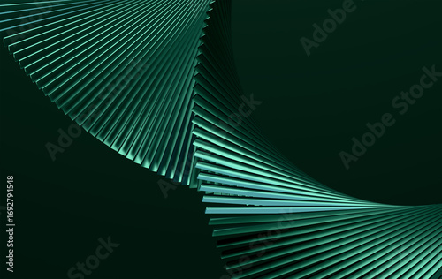 Abstract 3D Twisted Ribbon Structure with Luminous Green Gradient Lines on Dark Background