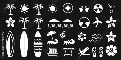 Collection of white tropical beach and summer vacation icons on a black background