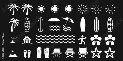 Collection of white summer beach and vacation icons on a black background