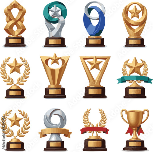 Create a kinds of Different unique award 3D icons displayed . Vector art with white background.