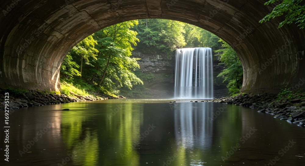Fototapeta premium Waterfall under bridge reflection