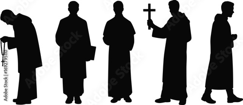 Silhouette vector illustration of Catholic priests praying, holding cross, reading Bible, and performing religious rituals in spiritual worship ceremony.