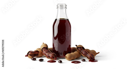 Refreshing tamarind juice bottle with ripe pods