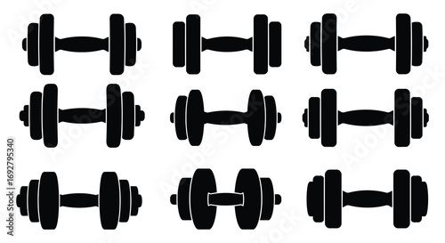 a grid of black dumbbells neatly arranged in rows