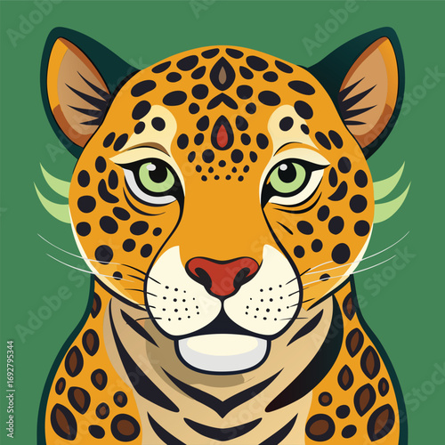 A stylized jaguar face with decorative patterns is presented.