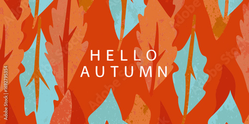 Hello autumn greeting with vibrant orange and teal leaf pattern background