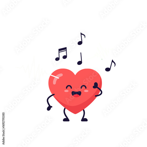 A delightful red heart character, brimming with joy, dances to the rhythm of music as notes float around. This charming illustration captures happiness, love, and life's cheerful melody