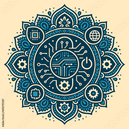 Intricate mandala design with circuitry patterns and technology symbols in blue tones
